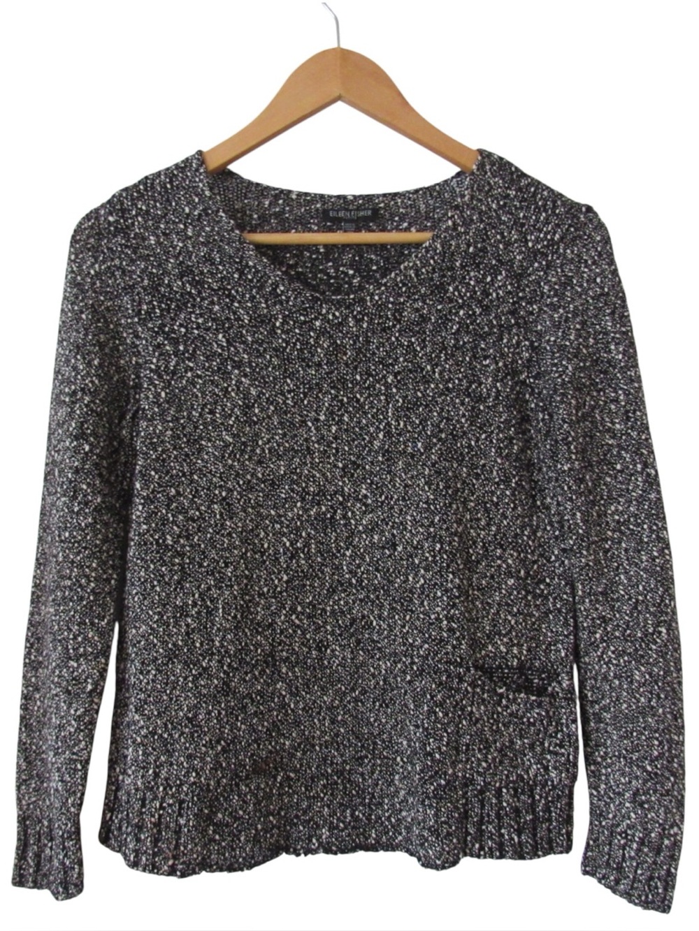 Eileen Fisher Speckled Textured Knit Sweater Small Petite Black White Cotton